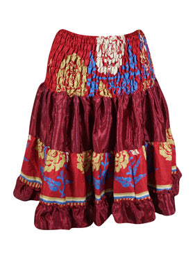 Women Summer Elastic Skirt, Red Beach Recycle Silk Skirts S/M