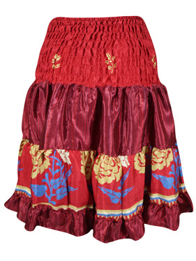 Women Summer Elastic Skirt, Red Beach Recycle Silk Skirts S/M