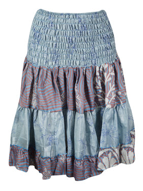 Womens Summer Ruched Skirt Light Blue Beach Recycle Silk Skirts S/M