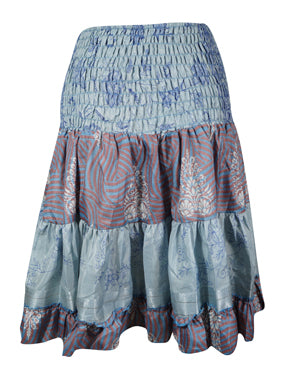 Womens Summer Ruched Skirt Light Blue Beach Recycle Silk Skirts S/M