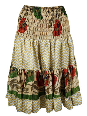 Womens Summer Ruched Skirt Beige Green Floral  Beach Recycle Silk Skirts S/M