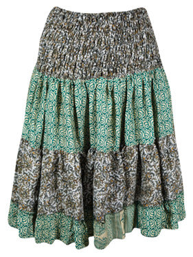 Womens Summer Ruched Skirt Green Floral Beach Recycle Silk Skirts S/M