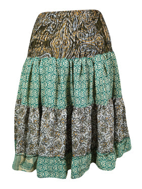 Womens Summer Ruched Skirt Green Floral Beach Recycle Silk Skirts S/M