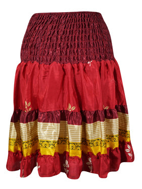 Women Summer Elastic Skirt, Rose Red Beach Recycle Silk Skirts S/M