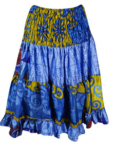  Womens Summer Ruched Skirt Steel Blue Beach Recycle Silk Skirts S/M