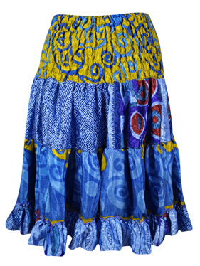 Womens Summer Ruched Skirt Steel Blue Beach Recycle Silk Skirts S/M