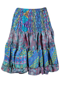  Womens Summer Ruched Skirt Tufts Blue Floral Beach Recycle Silk Skirts S/M