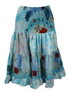 Womens Summer Ruched Skirt Blue Floral Beach Recycle Silk Skirts S/M