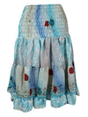 Womens Summer Ruched Skirt Blue Floral Beach Recycle Silk Skirts S/M