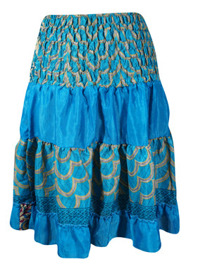 Womens Summer Ruched Skirt Steel Blue Beach Recycle Silk Skirts S/M