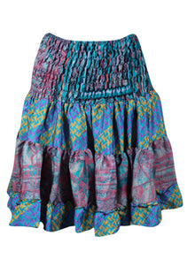  Womens Summer Ruched Skirt Tufts Blue Floral Beach Recycle Silk Skirts S/M