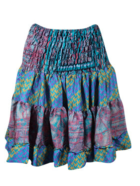 Womens Summer Ruched Skirt Tufts Blue Floral Beach Recycle Silk Skirts S/M