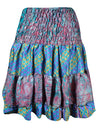 Womens Summer Ruched Skirt Tufts Blue Floral Beach Recycle Silk Skirts S/M