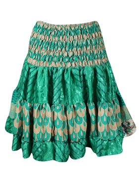 Womens Summer Ruched Skirt Fern Green Beach Recycle Silk Skirts S/M