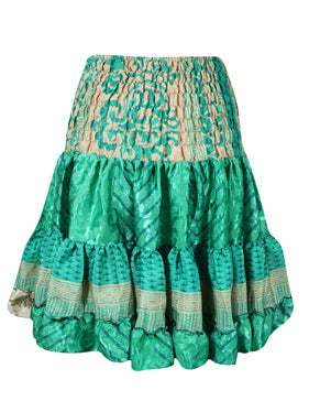 Womens Summer Ruched Skirt Fern Green Beach Recycle Silk Skirts S/M