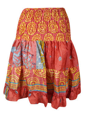 Women Short Ruffle Skirt, Red Rose Beach Recycle Silk Skirts S/M