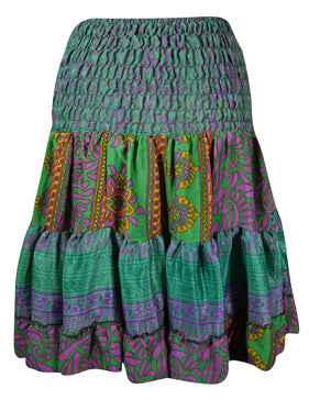 Womens Bohemian Ruched Skirt Green Printed Beach Ruffle Skirts S/M