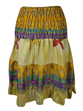 Womens Summer Ruched Skirt Floral Yellow Beach Recycle Silk Skirts S/M