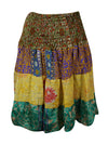 Womens Summer Ruched Skirt  Yellow, Green Floral Beach Recycle Silk Skirts S/M