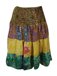  Womens Summer Ruched Skirt  Yellow, Green Floral Beach Recycle Silk Skirts S/M