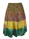 Womens Summer Ruched Skirt  Yellow, Green Floral Beach Recycle Silk Skirts S/M