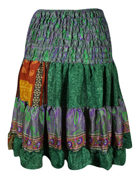 Womens Summer Ruched Skirt Forest Green Beach Recycle Silk Skirts S/M