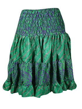 Womens Summer Ruched Skirt Forest Green Beach Recycle Silk Skirts S/M