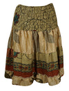 Womens Summer Ruched Skirt Beige Leaf Print Beach Recycle Silk Skirts S/M