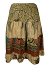 Womens Summer Ruched Skirt Beige Leaf Print Beach Recycle Silk Skirts S/M