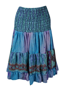  Womens Summer Ruched Skirt  Blue Floral Beach Recycle Silk Skirts S/M