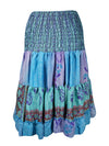 Womens Summer Ruched Skirt  Blue Floral Beach Recycle Silk Skirts S/M