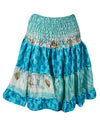 Womens Summer Ruched Skirt Sky Blue Floral Beach Recycle Silk Skirts S/M