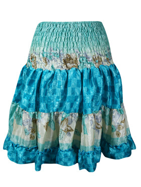 Womens Summer Ruched Skirt Sky Blue Floral Beach Recycle Silk Skirts S/M