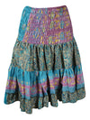 Womens Summer Ruched Skirt Blue, Pink Floral Beach Recycle Silk Skirts S/M 