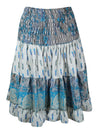 Womens Summer Ruched Skirt White ,Blue Floral Beach Recycle Silk Skirts S/M