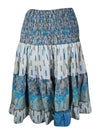 Womens Summer Ruched Skirt White ,Blue Floral Beach Recycle Silk Skirts S/M