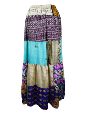 Womens Beachy Blue Maxi Skirt, Floral Patchwork Recycle Silk Skirts S/M