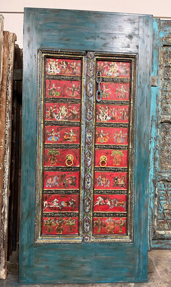 Antique Ganesha Painted Sliding Barn Door Vintage Wood Custom Door 88x42