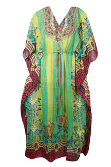  Kaftan Maxi Dress Georgette Green Floral Embroidered Resort Wear Dresses 4XL