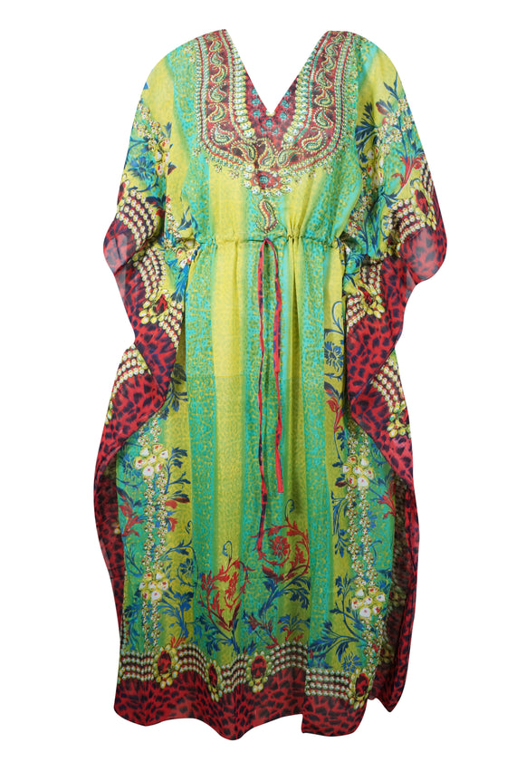 Kaftan Maxi Dress Georgette Green Floral Embroidered Resort Wear Dresses 4XL