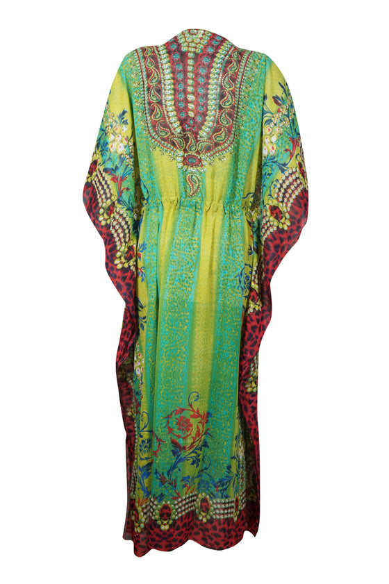 Kaftan Maxi Dress Georgette Green Floral Embroidered Resort Wear Dresses 4XL