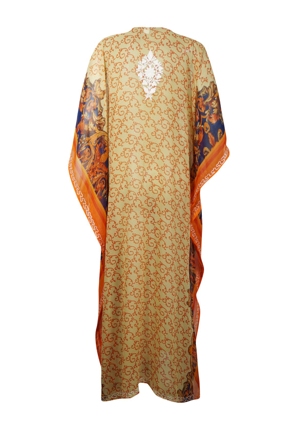 Kaftan Maxi Dress Georgette Orange Floral  Resort Wear Dresses, 4XL