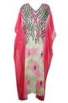 Kaftan Maxi Dress Georgette Pink Floral Embroidered Resort Wear Dresses, 4XL