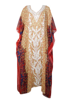  Kaftan Maxi Dress Georgette Red, Beige Floral Resort Wear Dresses, 4XL