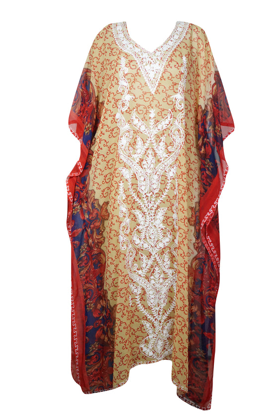 Kaftan Maxi Dress Georgette Red, Beige Floral Resort Wear Dresses, 4XL