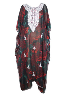  Kaftan Maxi Dress Georgette Red ,Green Floral Embroidered Resort Wear Dresses, 4XL