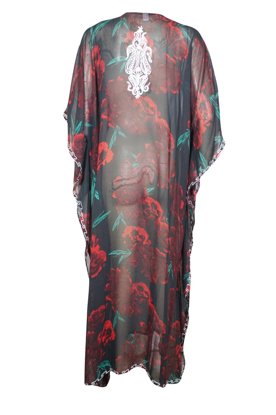 Kaftan Maxi Dress Georgette Red ,Black Floral Embroidered Resort Wear Dresses, 4XL