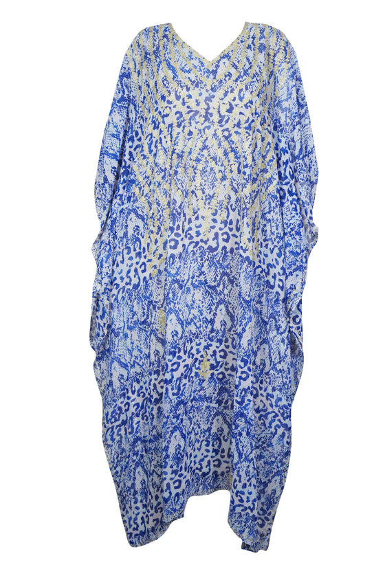 Kaftan Maxi Dress Georgette Blue, White Print Resort Wear Dresses, 4XL