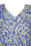 Kaftan Maxi Dress Georgette Blue, White Print Resort Wear Dresses, 4XL