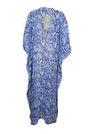 Kaftan Maxi Dress Georgette Blue, White Print Resort Wear Dresses, 4XL